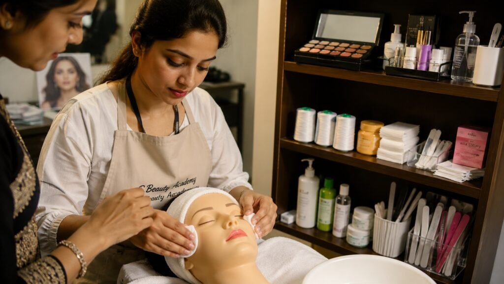Student learning beautician course skills including facials threading and salon services