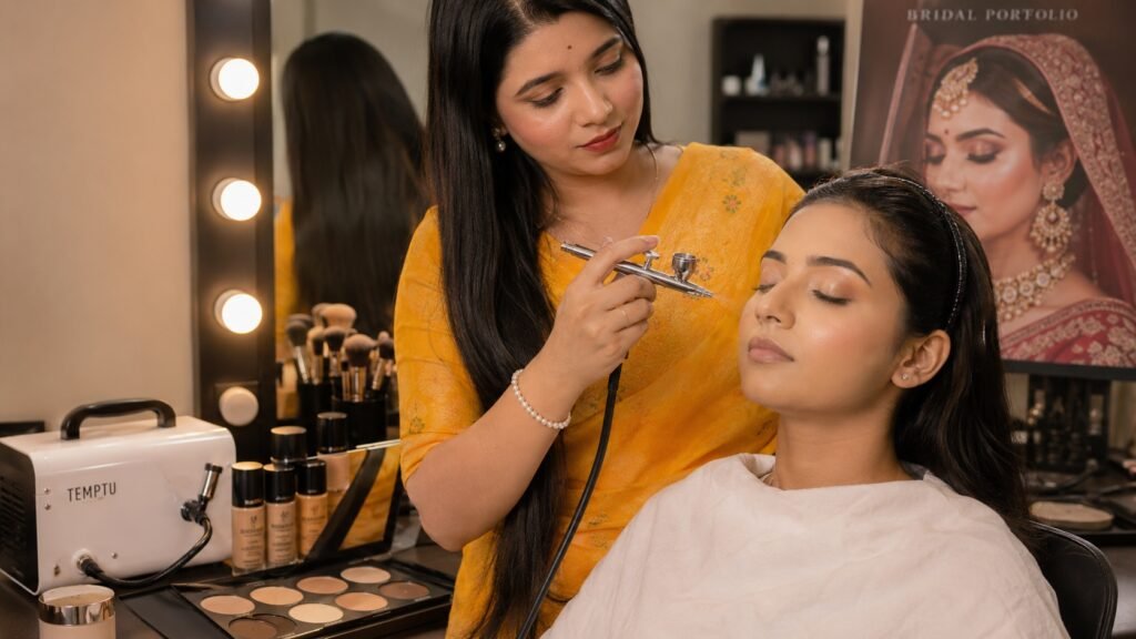 Student practicing HD airbrush bridal makeup during professional bridal makeup course